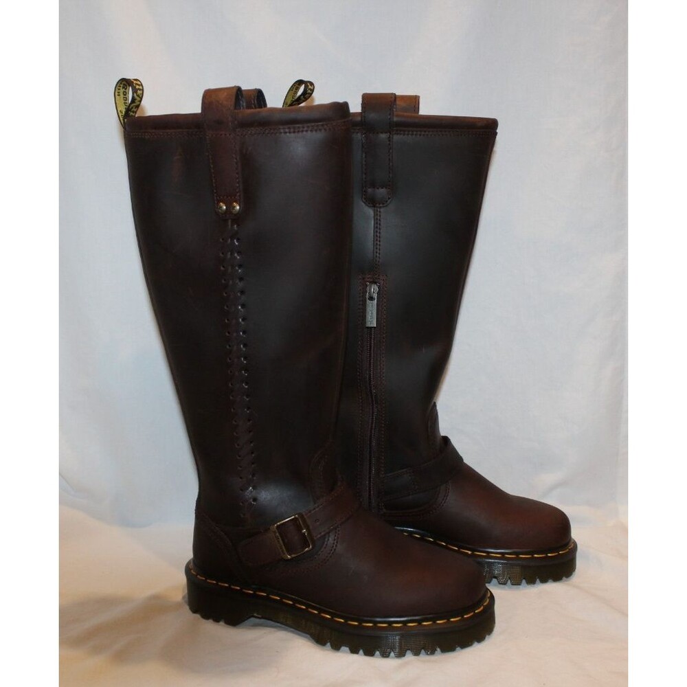 DR. MARTENS ANISTONE CRAZY HORSE BROWN KNEE HIGH LEATHER BIKER BOOTS $290 US 6 - Picture 5 of 11